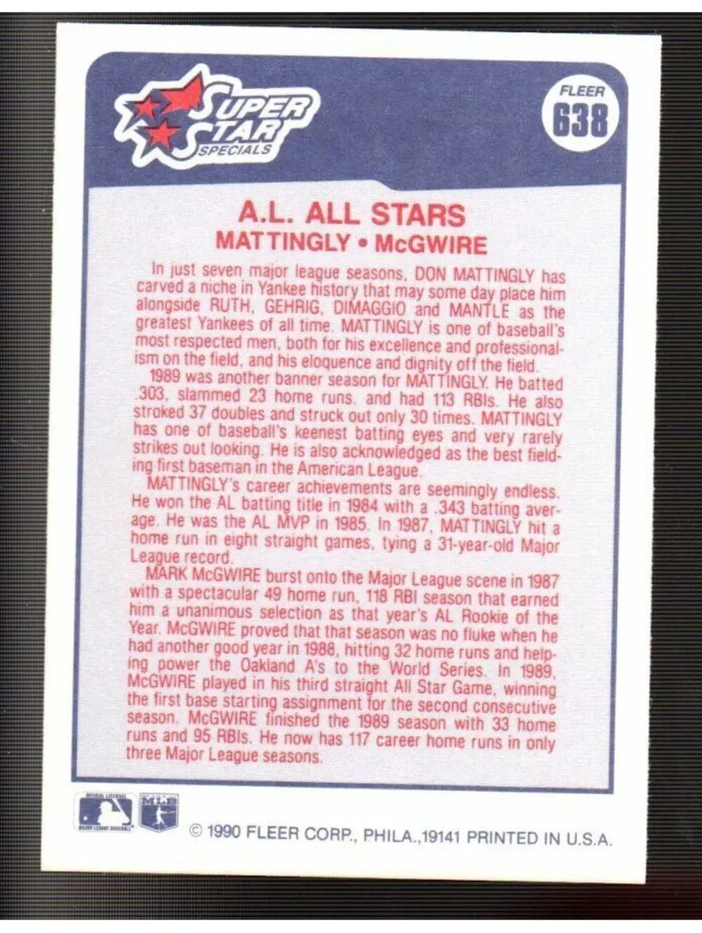 1990 Don Mattingly / Mark McGwire Fleer Baseball Card #638